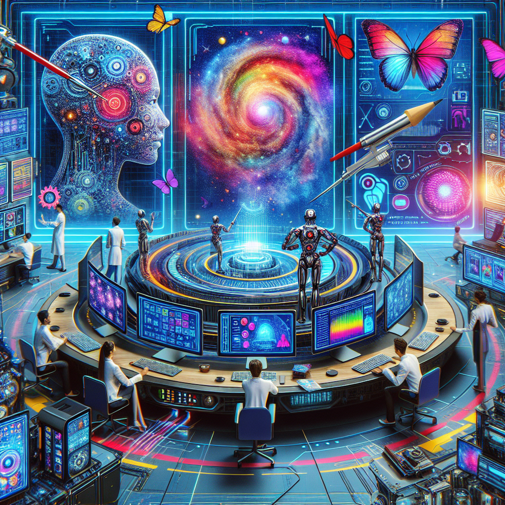 Best AI Video Tools in 2026 (Turn Text into Viral Videos) Futuristic control room with scientists and robots analyzing cosmic data and digital brain interfaces.