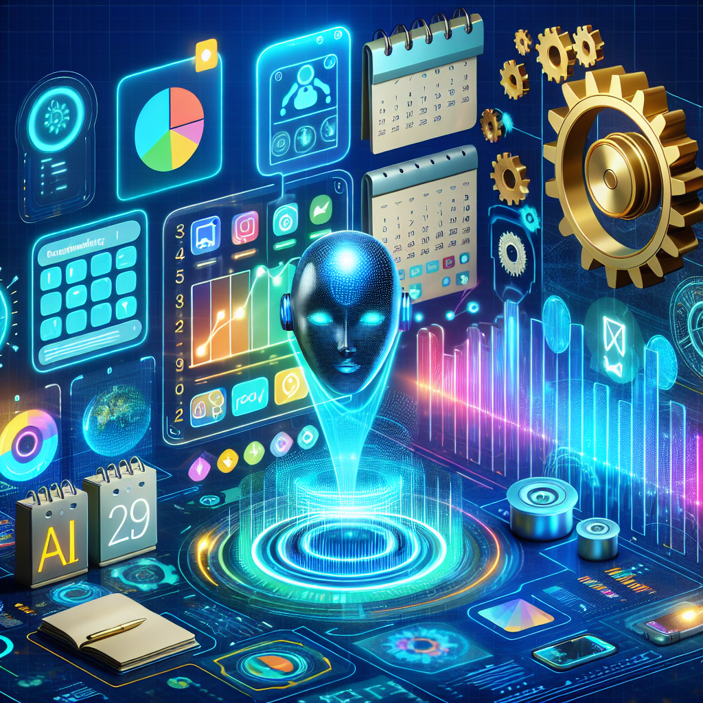 Futuristic AI interface displaying holographic data charts and digital automation elements representing productivity tools.