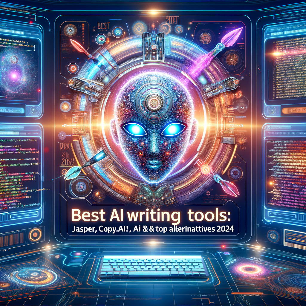 Futuristic digital interface featuring a glowing robotic face and icons of top AI writing tools for 2024.