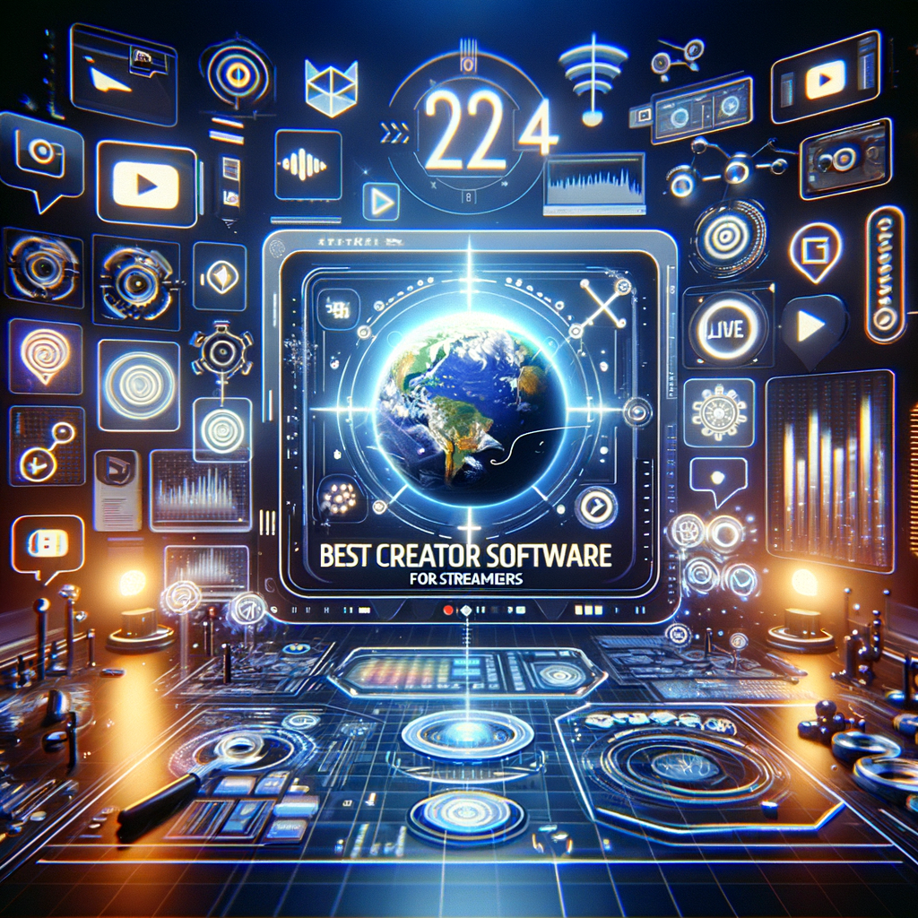 Futuristic digital interface displaying top creator software for streamers with global network and multimedia icons.