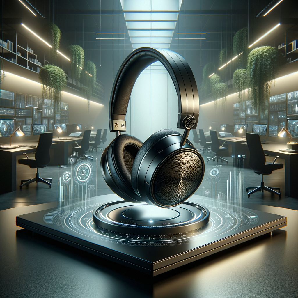 High-tech wireless noise-cancelling headphones resting on a sleek desk in a modern office setting.