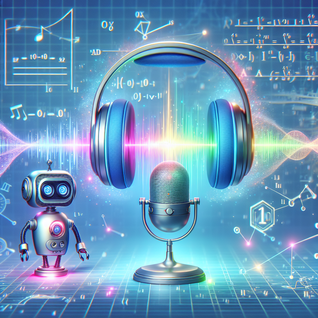 Futuristic robot wearing headphones next to a microphone with digital sound waves and math formulas, symbolizing AI voice tec