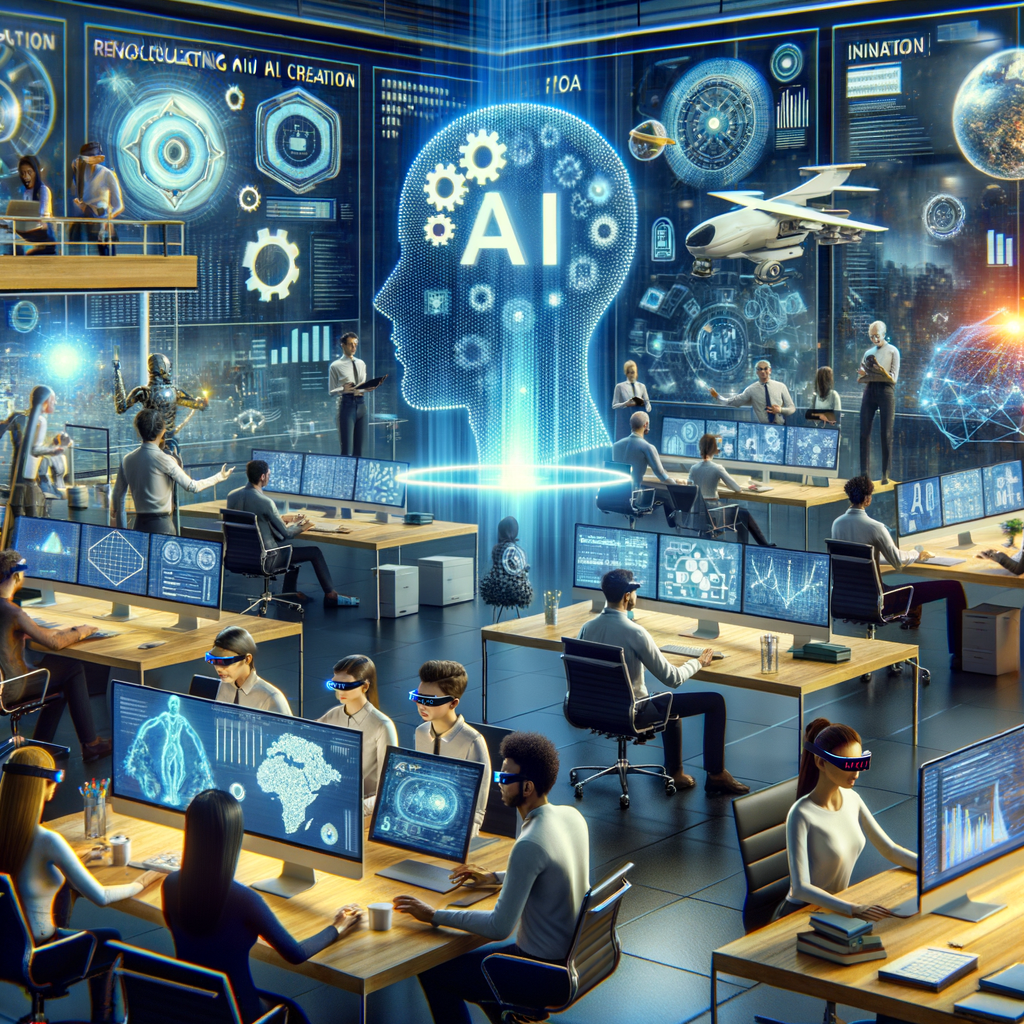 Scientists in a futuristic AI lab using advanced technology and virtual reality to conduct research.