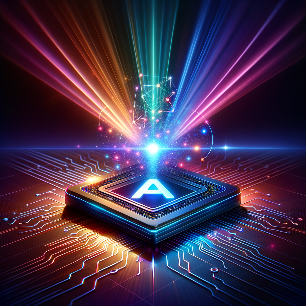 Futuristic AI microchip emitting colorful light beams on a blue digital circuit board, symbolizing Gamma AI platform innovati