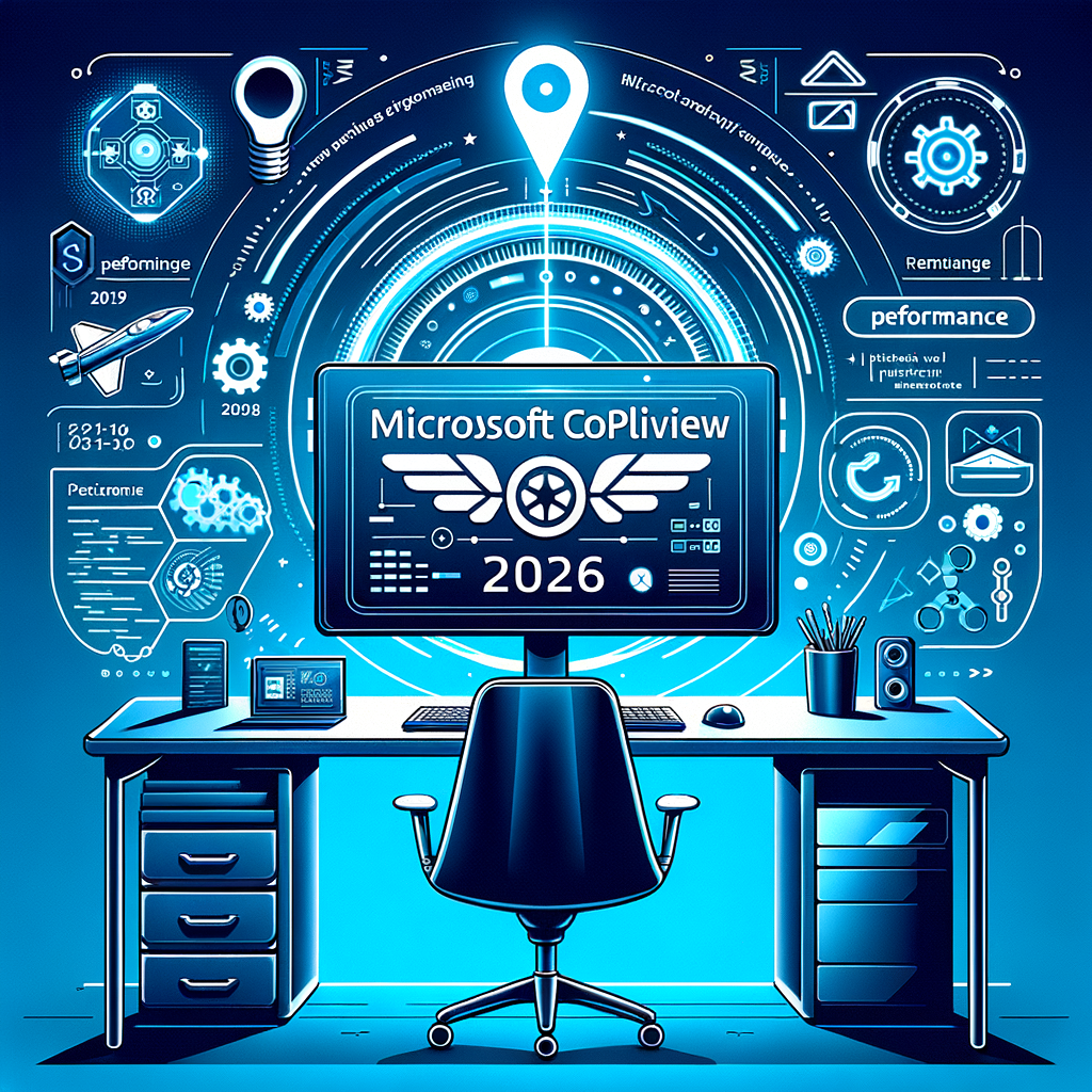 Futuristic workspace showing Microsoft CoPilot 2026 interface with advanced data analytics and performance metrics.