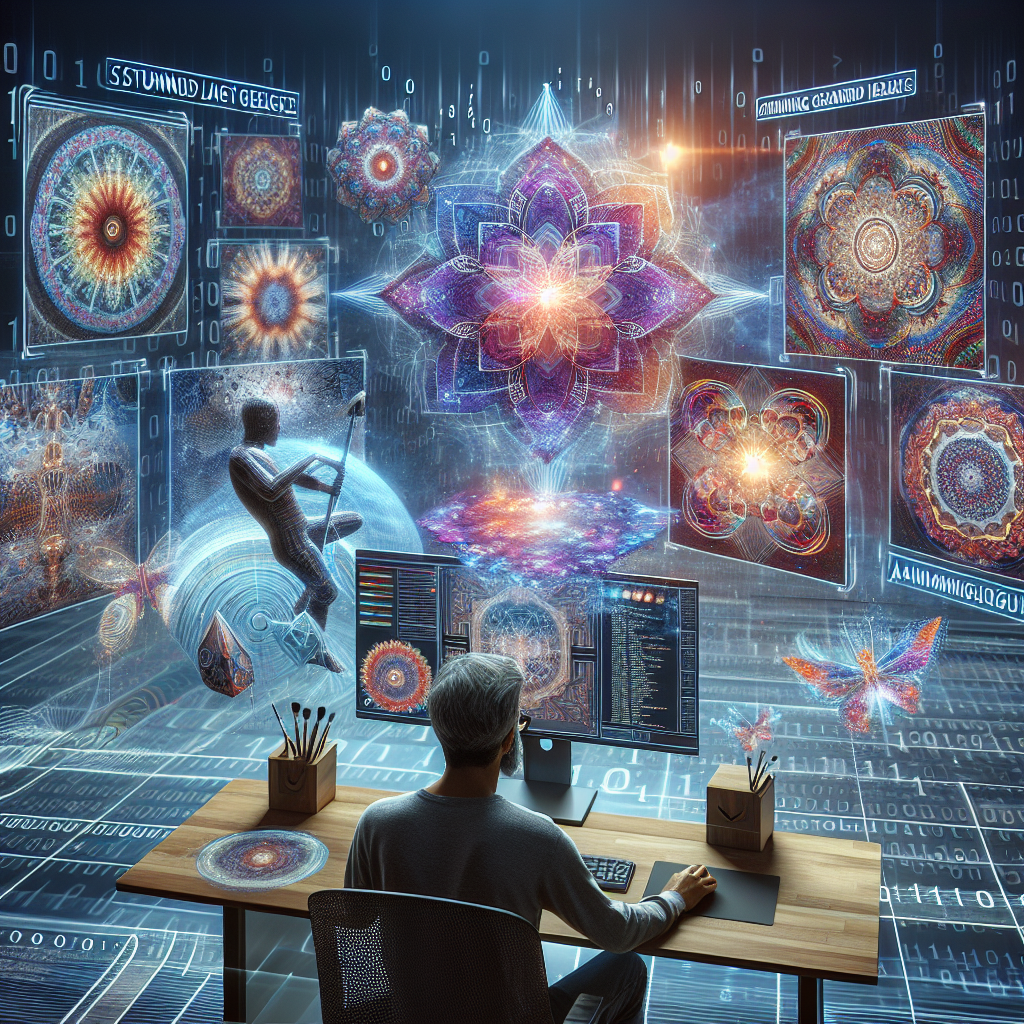 Digital artist creating detailed mandala designs in a futuristic virtual workspace using advanced software.