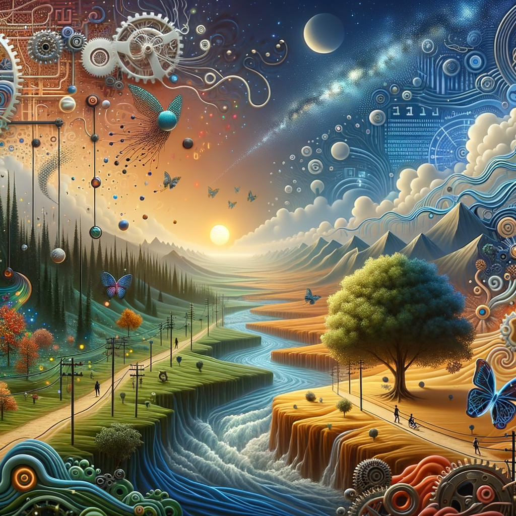 Surreal landscape blending nature, technology, and cosmic elements with vibrant colors, showcasing Midjourney AI art creativi