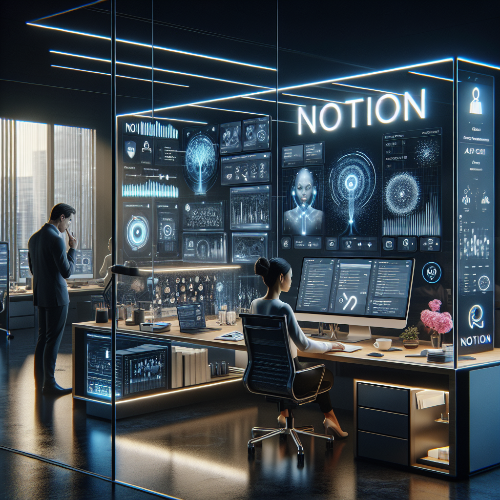 Futuristic office with digital interfaces showcasing Notion AI productivity and smart workspace automation technology.