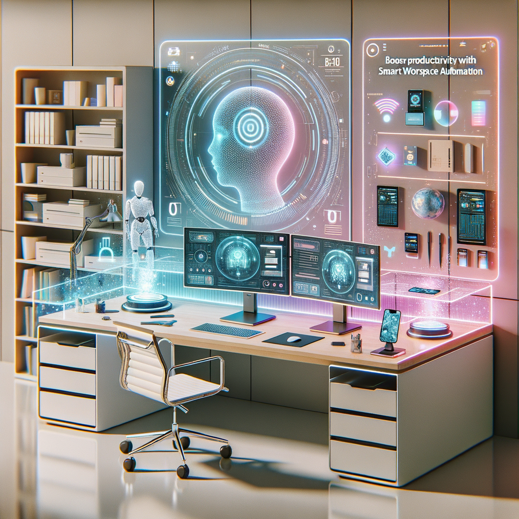 Futuristic workspace with AI-powered holographic displays showcasing smart automation boosting Notion AI productivity.