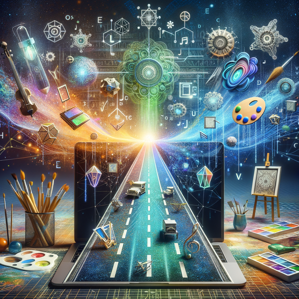 Digital tablet showing vibrant futuristic art blending science, technology, and creativity, symbolizing Runway ML's AI tools.