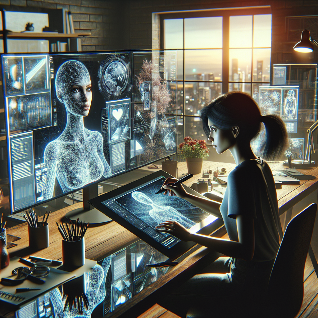 Woman interacting with a holographic digital humanoid AI in a modern office, showcasing advanced technology by Runway ML.