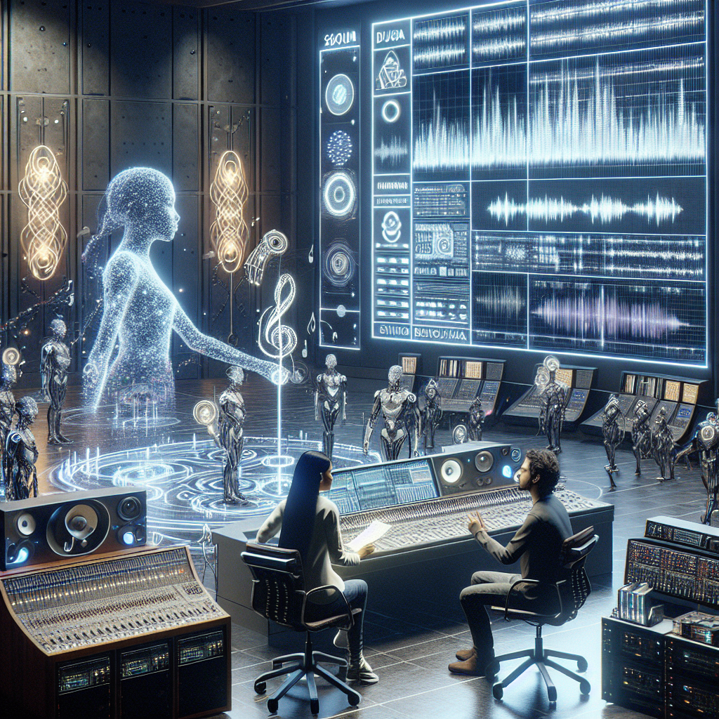 Futuristic music studio with holographic interfaces and advanced sound engineering technology showcasing Suno AI platform.