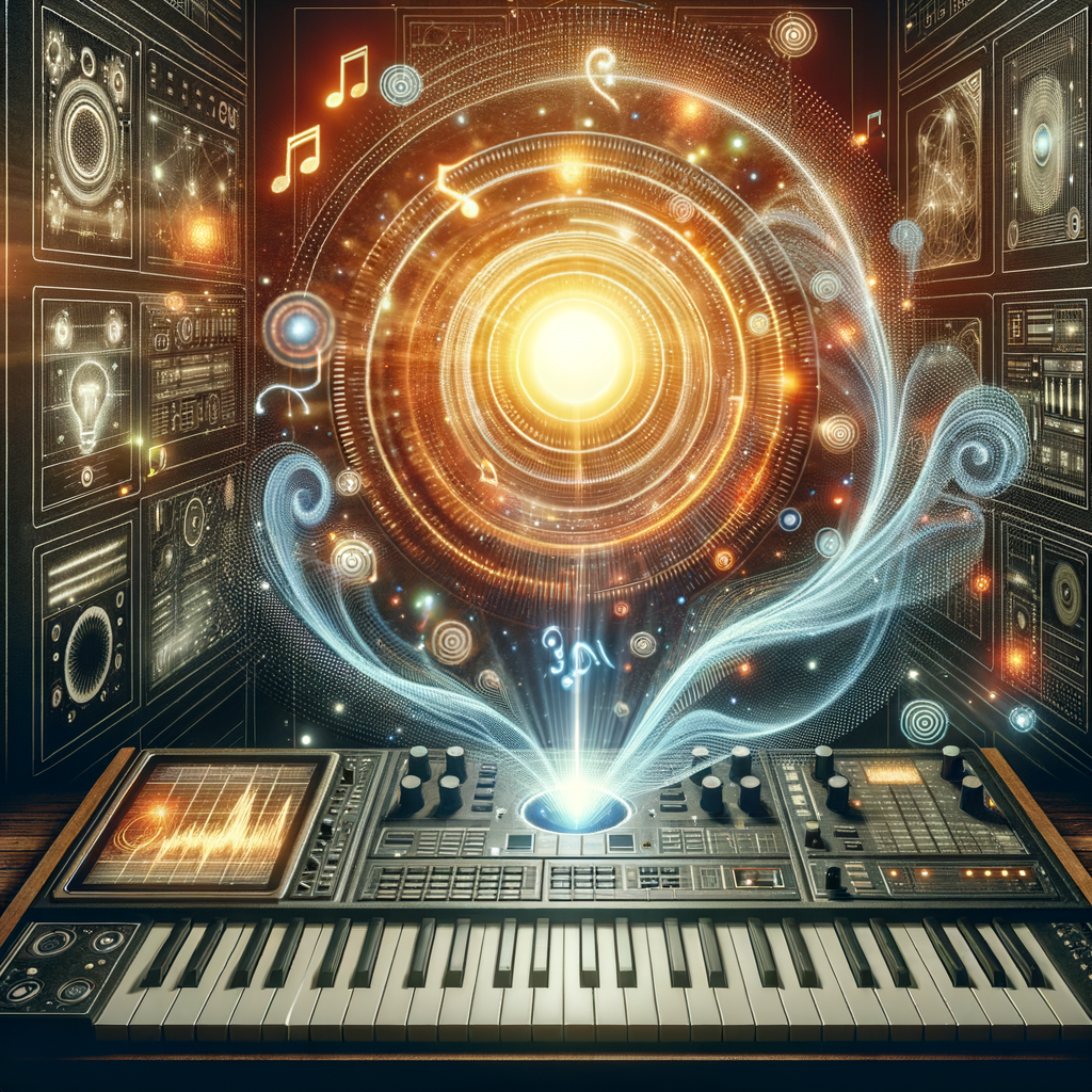 Futuristic digital music production scene with glowing sound waves and a synthesizer keyboard, symbolizing Suno AI platform.