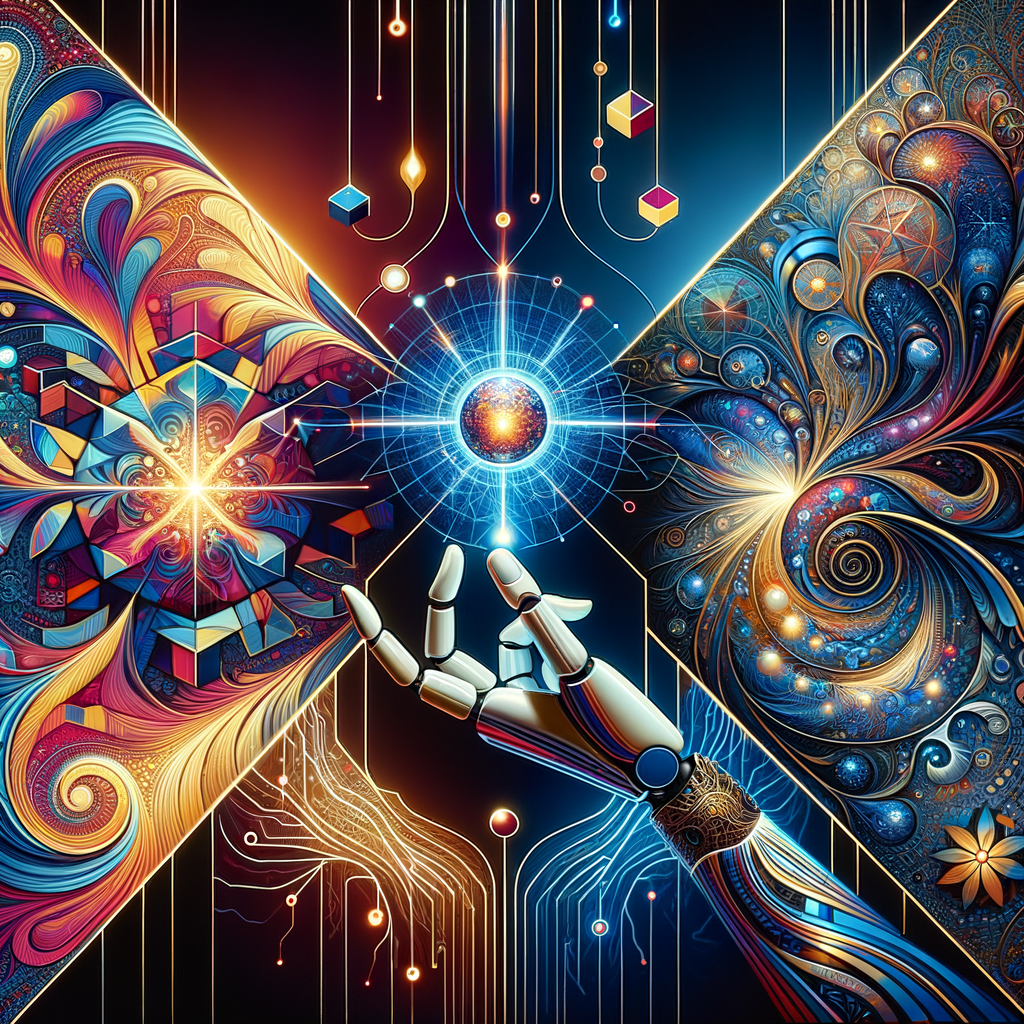 Robotic hand touching bright cosmic patterns with swirling abstract lights in a futuristic digital art style.
