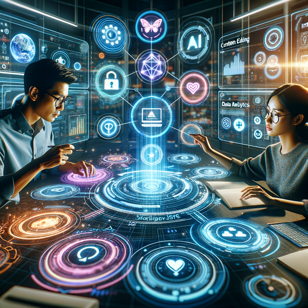 Two professionals interact with holographic AI and data analytics interfaces in a futuristic workspace.
