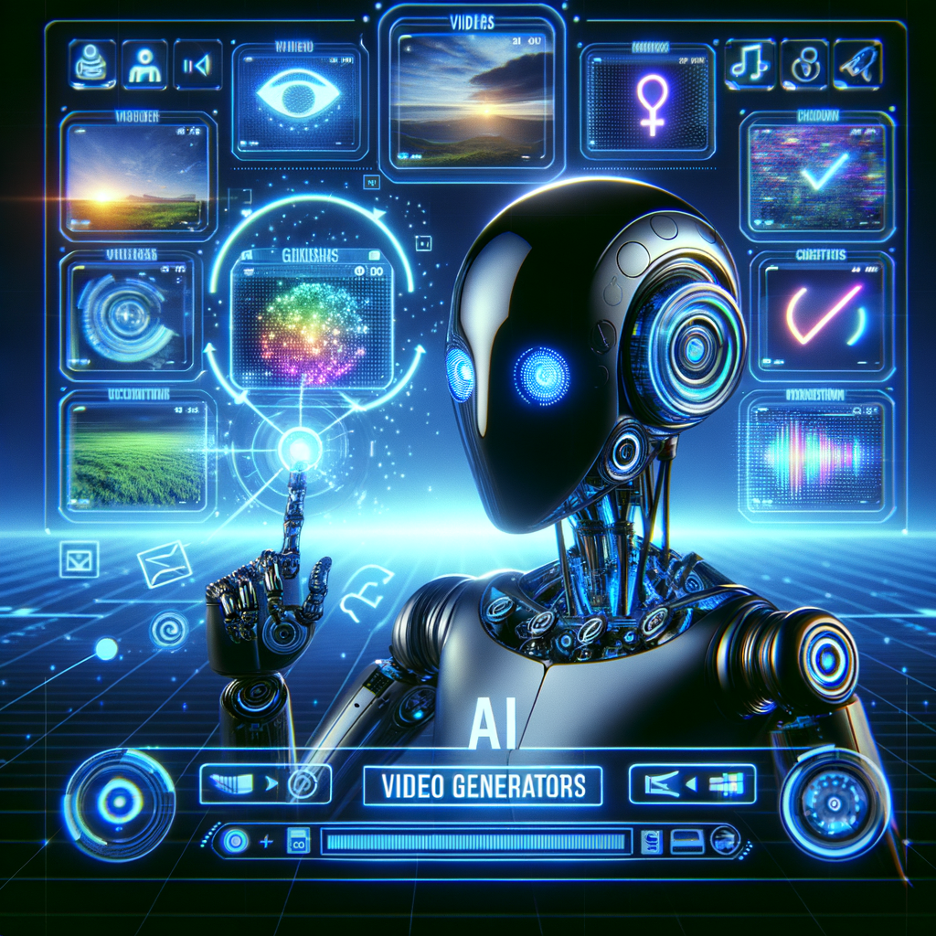 Best AI Video Generators in 2026 (Top Picks for Creators & Productivity Futuristic AI robot using digital video generator interfaces in a high-tech virtual environment.