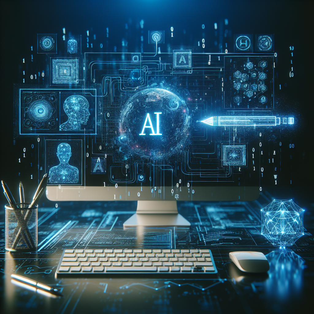 Futuristic AI technology interface glowing over a sleek computer workstation in a high-tech environment.