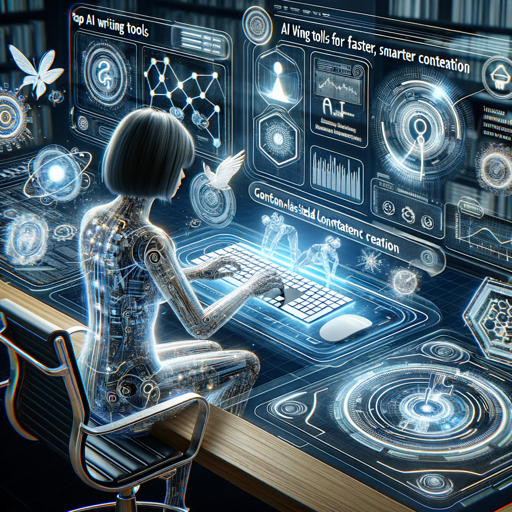 Best AI Writing Tools in 2026 (Top Picks for Creators & Productivity) Futuristic workspace with holographic AI interfaces and advanced technology tools for content creation.