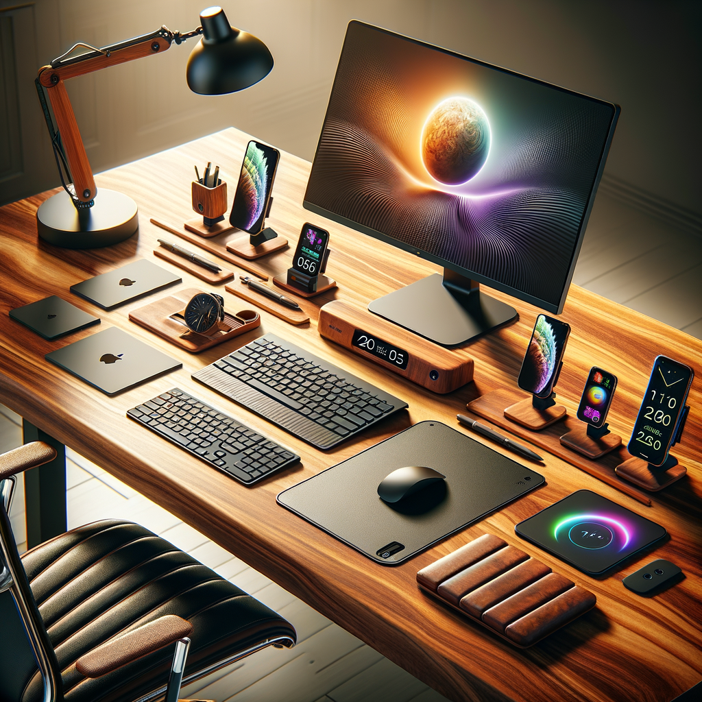 Modern wooden desk with a large monitor, smart devices, keyboard, mouse, and organized accessories for productivity.