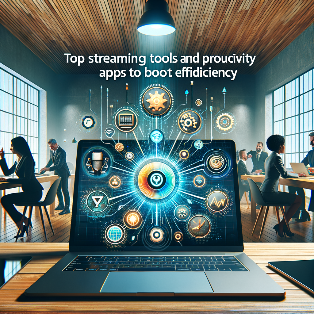 Best streaming tools productivity apps in 2026 (Top Picks for Creators & Productivity) Laptop screen showing streaming and productivity apps open in a bright, modern co-working space.