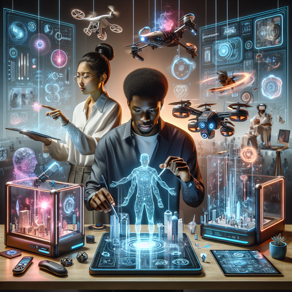 Engineers designing advanced drones and holographic displays in a futuristic high-tech lab.