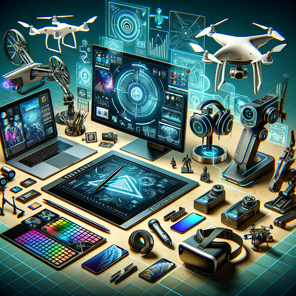 Top Tech Gadgets Every Digital Creator Must Have in 2026 Advanced tech setup with drones, VR headsets, tablets, and futuristic computer interfaces for digital creators.