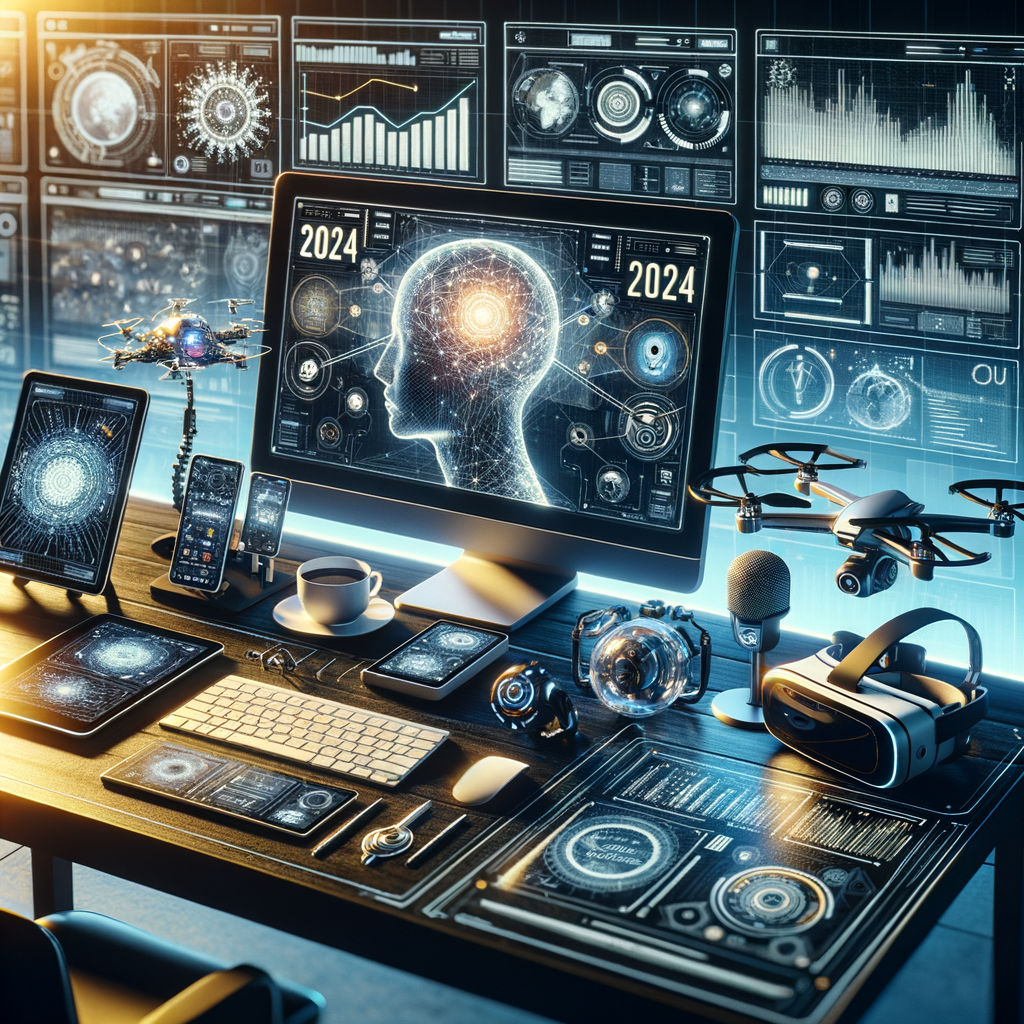 Futuristic workspace with digital screens, drones, and VR devices designed for content creators boosting creativity.