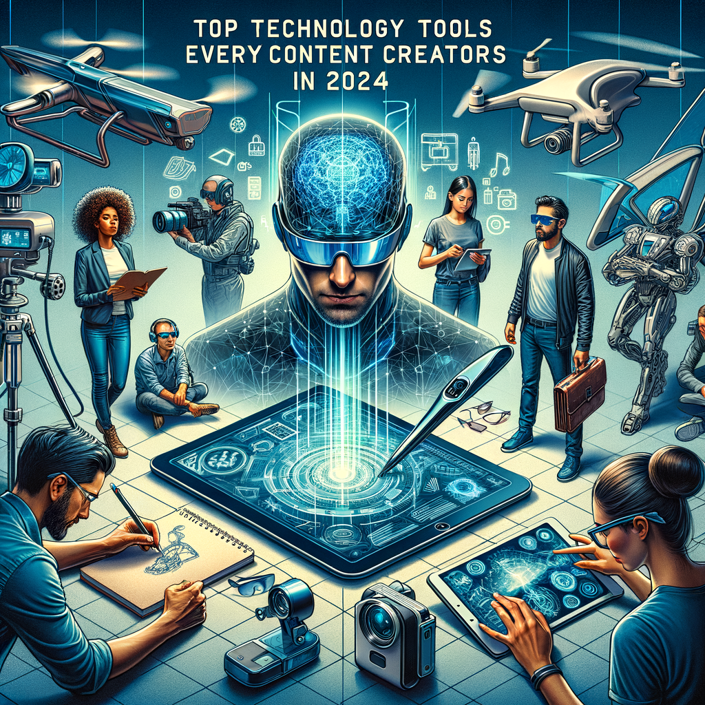Best Technology for Content Creators in 2026 (Top Picks for Creators & Productivity) Graphic showing top technology tools for content creators in 2024 including AI, drones, VR, and media devices.