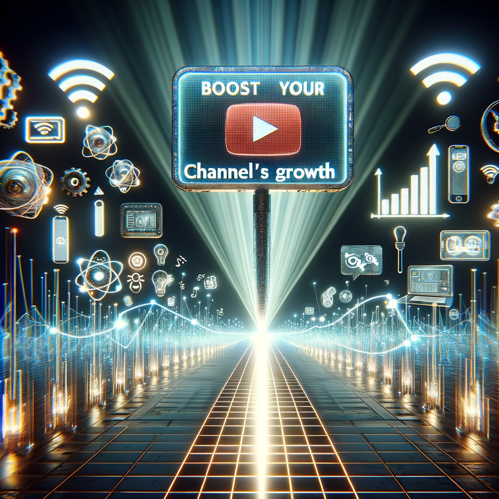 Digital illustration of technology and analytics tools boosting YouTube channel growth in 2024.