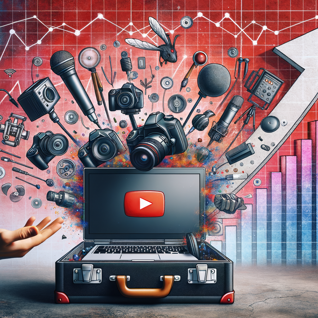 Laptop with video production gear and social media icons symbolizing digital marketing and YouTube growth tools.